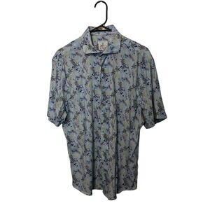 Johnnie O Shirt Mens Medium Blue Floral Stretch Lou Hangin Out Hawaiian Beach